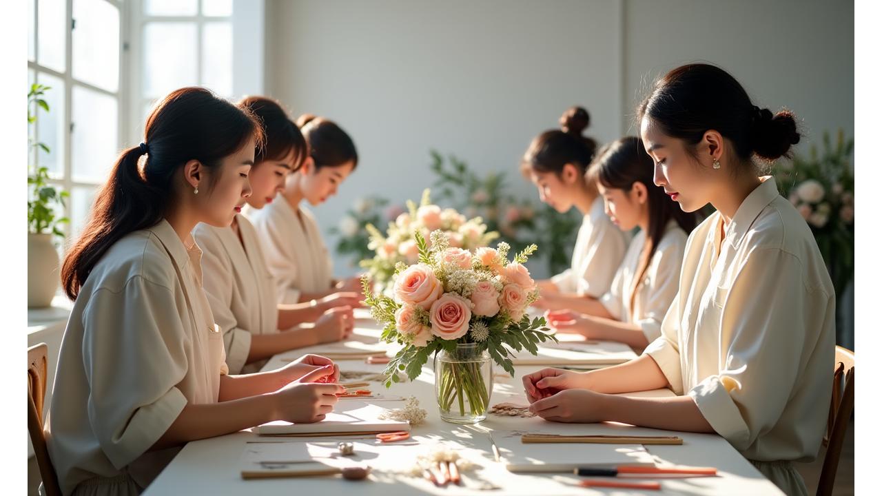플로럴 디자인 워크숍 현장, 수강생들이 다양한 꽃과 도구를 이용해 작품을 만들고 있는 모습