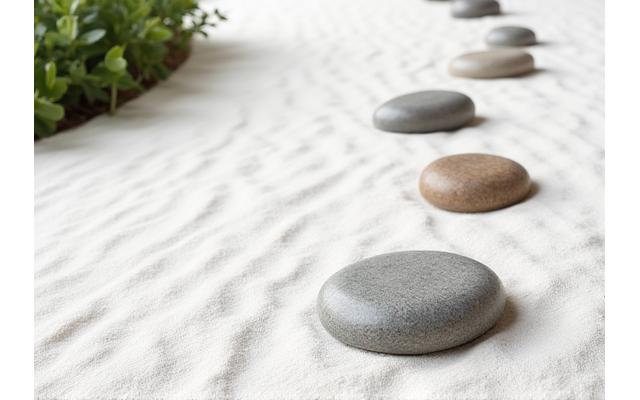 모래와 돌로 꾸며진 고요한 미니 선(Zen) 가든